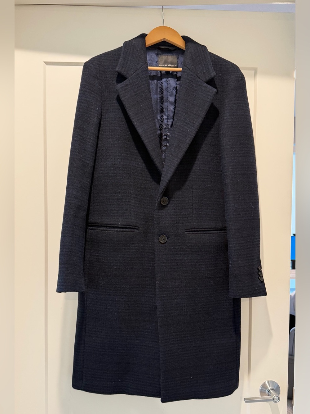 Banana Republic Men's Navy Wool Plaid Topcoat